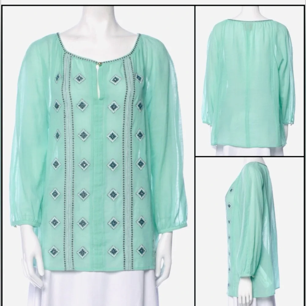 Tory Burch Green Lucille Beaded Bohemian Tunic Top Shirt